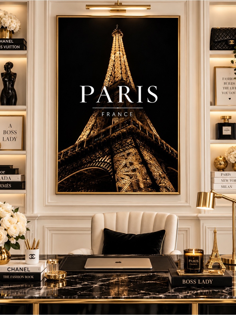 Moody Black Gold Paris Eiffel Tower Wall Art Print Parisian Glam Decor